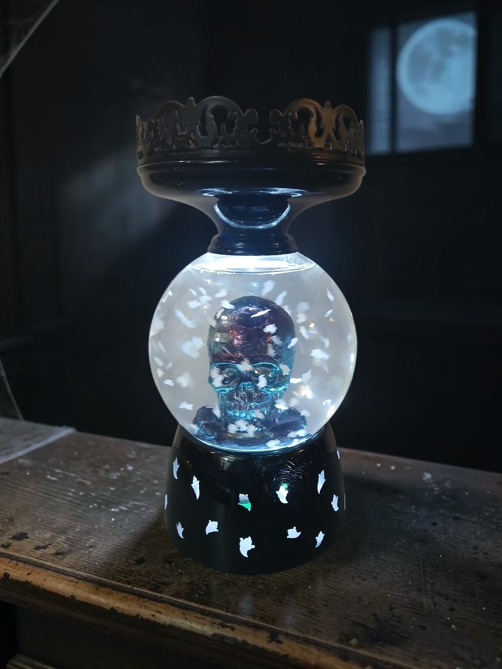 Illuminated Blue Skull Snow Globe Candle Holder